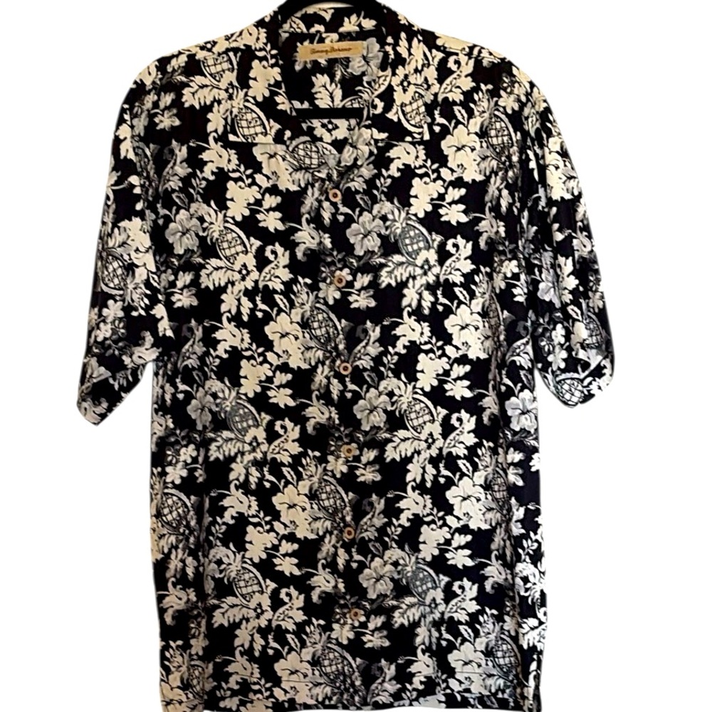 Tommy Bahama Silk Black and White Shirt, floral print with pineapple abstract, M